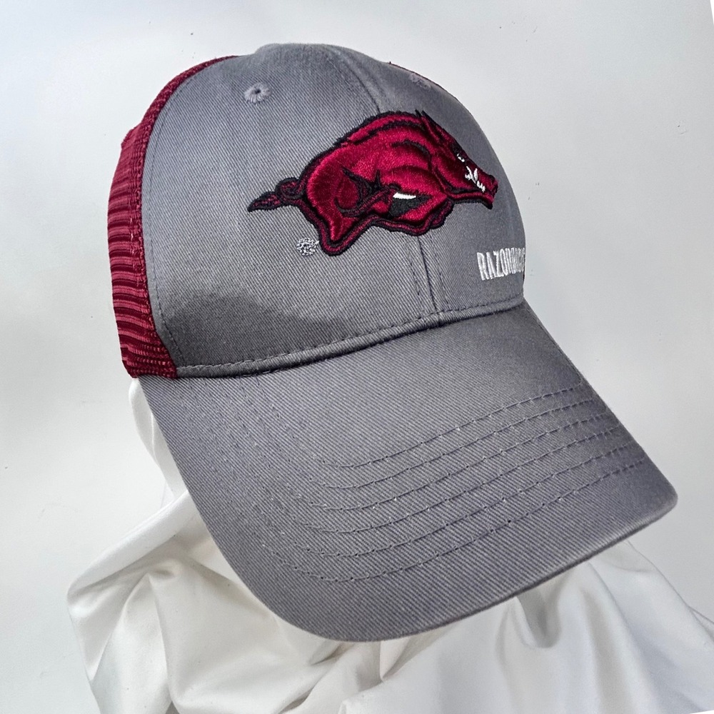 ARKANSAS RAZORBACKS Baseball Hat Soft Trucker Grey Maroon Mesh Snapback OSFM